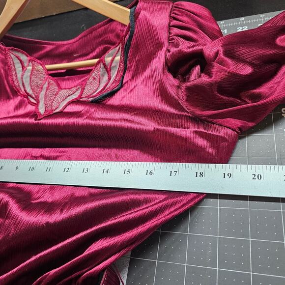Vintage 80s Dress Womens Large Burgundy Silky Lace Glam Rock Party Retro - Picture 10 of 11